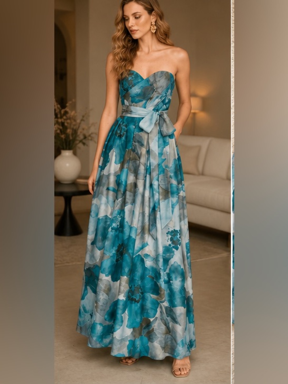 Donna Karan New York Strapless Sweetheart Floral Maxi Gown Blue Gray NWT Size 2